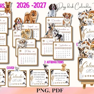 Op de afbeelding: Een 18-maanden 2026-2027 hondenbureaukalender-sjabloon met diverse hondenrassen, maandelijkse kalenderpagina's, omslagontwerpen en twee affirmaties. De tekst bevat "18 MOTHS", "2026-2027", "Dog desk Calendar Template", "CALENDAR 2026", "CALENDAR 2027" en "CHASE YOUR DREAMS LIKE A DOG CHASING ITS FAVORITE BALL fearlessly and with joy! SNIFF OUT THE GOOD, LEAVE THE BAD BEHIND and move forward with love".