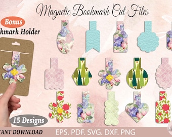 May include: A set of 15 digital cut files for creating magnetic bookmarks. The designs feature various floral and geometric patterns in pink, blue, green, and white. The text "Magnetic Bookmark Cut Files" and "Bonus Bookmark Holder" is included in the image. The text "15 Designs" and "INSTANT DOWNLOAD" is also included in the image. The text "EPS. PDF. SVG. DXF. PNG" is also included in the image.