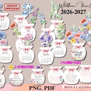 2026-2027 Vildblomskalender, Utskrivbar Blommor Vas Skrivbordskalender PNG Cricut, Akvarell Blomkalender Botanisk Växtälskare Gåva