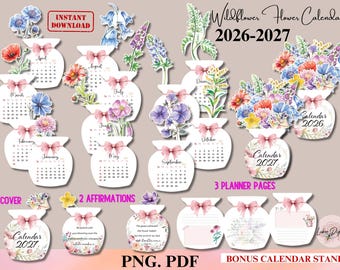 2026-2027 Wildflower Calendar,Printable Flowers Vase Desk Calendar PNG Cricut,Watercolor Floral Calendar Botanical Plant Lover Gift