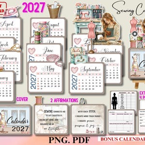 Può includere: Un set di calendario digitale per il cucito 2027 con pagine mensili da gennaio a dicembre, decorate con illustrazioni a tema cucito come cuori, rocchetti e ferri da stiro. Include due carte di affermazione, una tabella delle misure e pagine di pianificazione.