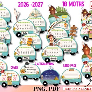 May include: A digital collection of printable calendar pages and decorative elements featuring camper trailer designs, forest scenes, and camping gear. The set includes text labels for months, years 2026-2027, affirmations, and a bonus calendar stand.