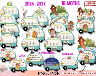 2026-2027 Camper Desk Calendar Calendar, Camping Nature Calendar, RV Camping Calendar Mini Printable Calendar,PNG Book Lovers Gift Planner