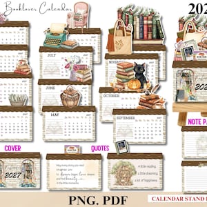 Puede incluir: Un conjunto de calendario 2027 Booklover con páginas mensuales que muestran ilustraciones de libros, una máquina de escribir, un gato negro, calabazas y flores. Incluye una portada, páginas de notas y tarjetas con citas sobre un soporte de madera.