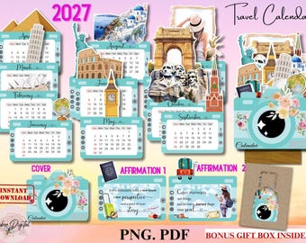 Travel Calendar Template,Landmark Calendar Sight-seeing Calendar Desk Planner Printable, Desk Calendar 2027 Printable Iconic Landmarks