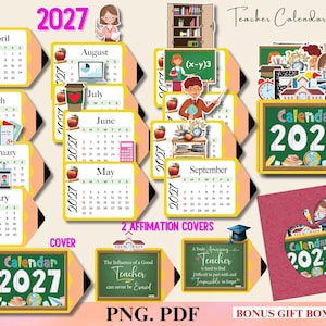 Pode incluir: Um conjunto de modelos de calendário para professores 2027 com páginas mensais em forma de lápis amarelos. Inclui ilustrações de maçãs, material escolar, professores e quadros-negros com texto como Calendar 2027, Teacher Calendar Template e A Truly Amazing Teacher is hard to find.