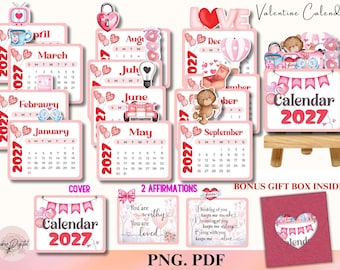 Kalendarz miesięczny walentynkowy 2027, mini kalendarz do druku i kalendarz DIY, mały kalendarz 2027, plik do wycinania, Cricut Farm Gift Desk planner