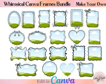 Puede incluir: Un conjunto de marcos Canva caprichosos en varias formas, incluyendo diseños ovalados, rectangulares y en forma de corazón. Cada marco presenta un fondo de cielo azul y paisaje verde, con lazos y bordes decorativos. El texto "Whimsical Canva Frames Bundle" está en la parte superior.