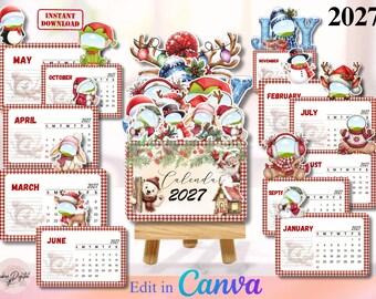 Calendario de Navidad personalizable 2027, añade tu propio personaje, calendario de escritorio editable en Canva, calendario fotográfico con personajes adorables, decoración navideña.