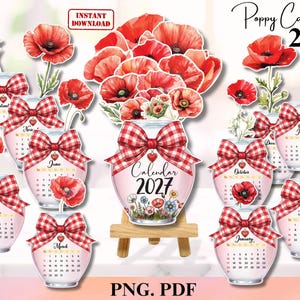 May include: A 2027 Poppy Calendar digital set featuring multiple jar-shaped calendar pages decorated with red poppy flowers and red and white checkered bows. The central jar displays the text Calendar 2027, while individual jars show months.