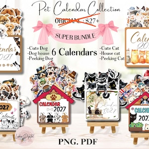 May include: A digital collection of six 2027 pet calendars featuring illustrations of various dog and cat breeds. The designs include peeking animals, dog houses, and decorative text. The set is presented as a bundle with PNG and PDF file formats.