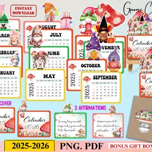 Puede incluir: Un conjunto de calendarios imprimibles de gnomos para 2025 y 2026. El calendario presenta un tema de gnomo caprichoso con setas, flores y fondos de acuarela. Cada mes se muestra en una tarjeta separada con una ilustración de gnomo. El conjunto incluye dos tarjetas de afirmación y una caja de regalo de bonificación.