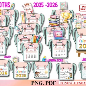 2025-2026 Schreibtischschülerkalender Druckbarer Kalender, Schulkalender, Monatskalender, Minikalender, Geschenk für Lehrer, PNG-Kalender für Cricut
