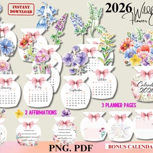 Puede incluir: Un calendario digital de flores silvestres 2026 con ilustraciones florales. El calendario incluye páginas mensuales, afirmaciones, páginas de planificación y un soporte de calendario adicional. El diseño presenta una forma de jarrón con un lazo rosa y varias flores.