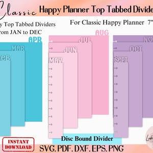 Modelo de divisor de disco encadernado clássico Happy Planner, arquivo de corte de divisores de fichário, divisor mensal de aba superior encadernado em disco para caderno, marcador de página aninhada