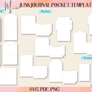 May include: A digital template for mini junk journal pockets and trifolds. The image displays various white paper cutouts, including pocket cards and trifold designs. Text includes "Mini Junk Journal Pocket Template" and file type information: SVG, PDF, and PNG.