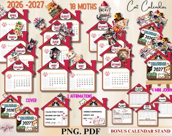 Cat Calendar 2026-2027, Printable Mini Calendar Pet Calendar, Holiday-Themed Cat Calendar Journal Cricut Cat Gift Cat Lovers Cat Mom