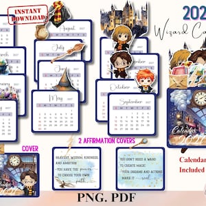 Può includere: Un set di calendario a tema magico per il 2027 con pagine mensili che presentano illustrazioni ad acquerello di oggetti magici, personaggi e una stazione ferroviaria. Include due copertine di affermazione con testo, supporto e file digitali.