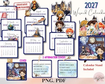 Calendrier de bureau 2027 Wizard, Wizard Academy calendrier de bureau avec support bricolage baguette de sorcier cadeau bureau manche à balai sorcier fichier coupe Cricut