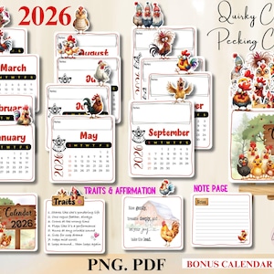 May include: A collection of quirky chicken-themed calendar pages for 2026, featuring monthly layouts, chicken illustrations, and the text "Quirky Chicken Peeking Calendar." Includes a bonus calendar stand and note pages.
