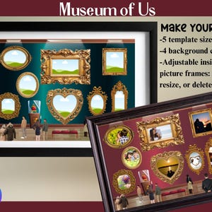 May include: Two framed art prints with ornate gold frames. The larger frame displays various picture frames in different shapes. The smaller frame shows a similar arrangement with photos. Text reads "Museum of Us" and "Make Your Own".