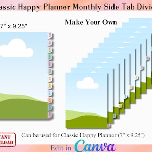 May include: Classic Happy Planner monthly side tab dividers measuring 17.78 cm by 23.5 cm. The design features a light blue sky with a white cloud and green rolling hills. Each of the twelve dividers includes a monthly tab label from JAN to DEC.