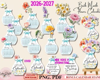 2027 geboortemaand bloem bureaukalender, afdrukbare bloemen bureaukalender bevestiging voor Cricut, aquarel bloemen kalender botanische printables