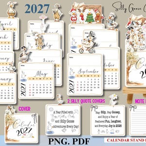 Silly Goose Printable Calendar 2027, Printable Mini Calendar 2026 Cut File Funny Geese Aesthetic Desk Decor Calendar