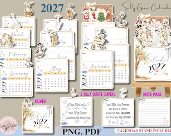 Silly Goose Printable Calendar 2027, Printable Mini Calendar 2026 Cut File Funny Geese Aesthetic Desk Decor Calendar
