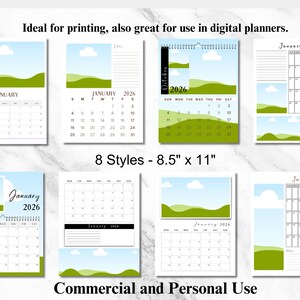 May include: Eight different styles of printable January 2026 calendars featuring a green and blue landscape design with clouds. The calendars are 8.5 inches by 11 inches and are for commercial and personal use.