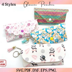 May include: Four eyeglasses pouches in various patterns. One pouch has a pink floral design, another has a colorful chevron pattern, a third has a blue and white pattern, and the last has a panda design. The text "4 Styles Glasses Pouches" is at the top.