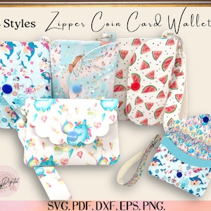 May include: Four styles of zipper coin card wallets are displayed, each with unique patterns. Designs include dolphins, fairies, watermelons, and unicorns. The wallets have various shapes and closures, with wrist straps on some.