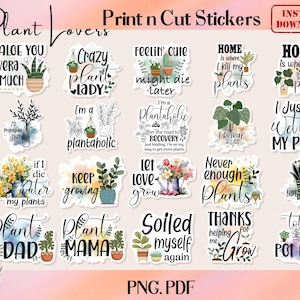 Autocollants PNG imprimables pour plantes en pot, citations de plantes pour ordinateur portable, autocollants pour amateurs de plantes à imprimer puis découper, autocollants pour plantes d'intérieur
