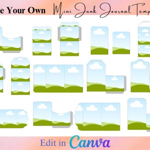 May include: A collection of digital paper templates for a mini junk journal featuring a repeating landscape pattern of green rolling hills under a light blue sky with white clouds. The text reads Make Your Own Mini Junk Journal Templates and Edit in Canva.