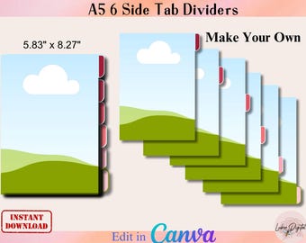 CANVA A5 6 Side Tabs divider,Editable Folder Tabs,Make Your Own CANVA Drag and Drop Journal Tabs,  Happy Planner Divider