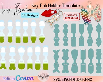 Lip Balm Holder Key Fob TemplateSVG, Chapstick Fob Template Design Cut,Faux Leather Keychain, Cricut Leather Key Fob, Editable Canva Key Fob