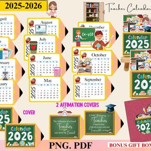 2025-2026 Lehrer-Tischkalender Druckbarer Kalender, Schulkalender, Monatskalender, Minikalender, Geschenk für Lehrer, PNG-Kalender für Cricut