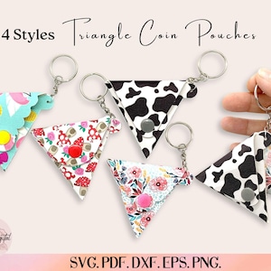 May include: Four triangle coin pouches with keychains. Designs include a cow print, floral patterns, and a pineapple print. Each pouch has a snap closure. The text "4 Styles Triangle Coin Pouches" is at the top.