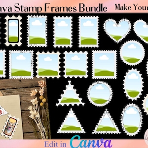 May include: A selection of Canva stamp frames in diverse shapes, such as rectangles, hearts, circles, and triangles. Each frame showcases a sky and landscape design. The text "Canva Stamp Frames Bundle" and "Make Your Own" are visible at the top.
