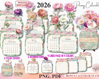 Puede incluir: Una descarga digital que presenta un calendario de peonías de 2026. El diseño incluye páginas de calendario para cada mes, páginas de notas y un soporte de calendario adicional. El calendario está decorado con patrones florales, lazos rosas y el texto "2026".