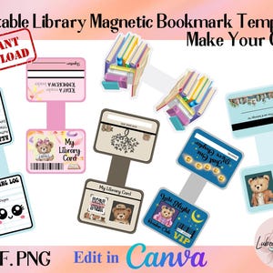 Segnalibro magnetico stampabile, crea il tuo modello di segnalibro CANVA, modello di segnalibro trascina e rilascia, segnalibro magnetico della biblioteca