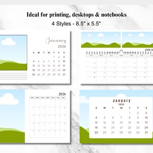 May include: Four different styles of printable January 2026 calendars featuring a landscape design with green hills and a white cloud against a blue sky. The calendars are 8.5 inches by 5.5 inches.