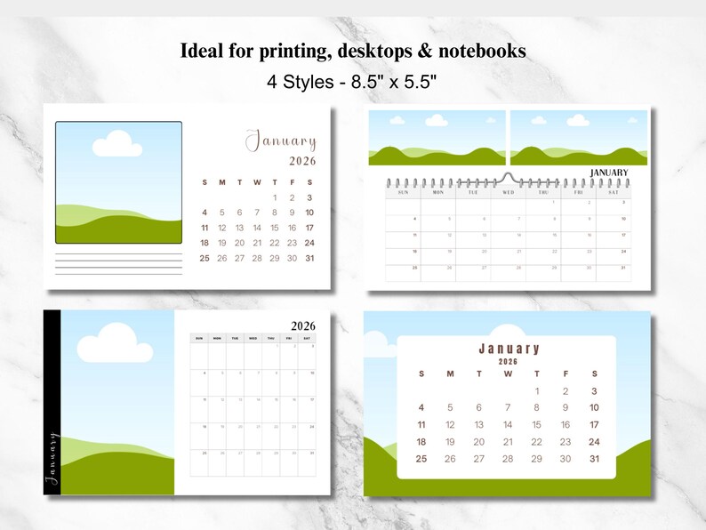 May include: Four different styles of printable January 2026 calendars featuring a landscape design with green hills and a white cloud against a blue sky. The calendars are 8.5 inches by 5.5 inches.