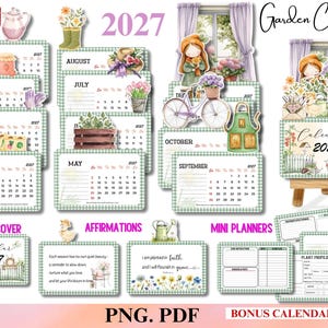 May include: A 2027 Garden Calendar digital printable set featuring monthly pages with green gingham borders, watercolor illustrations of gardening tools, flowers, and plants, plus affirmation cards, mini planners, and a bonus calendar stand.
