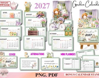 Puede incluir: Un conjunto de calendario de jardín 2027 imprimible con páginas mensuales con bordes de cuadros vichy verdes, ilustraciones en acuarela de herramientas de jardinería, flores y plantas, tarjetas de afirmación, mini planificadores y soporte.