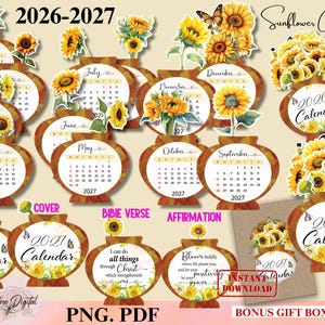 May include: A 2026-2027 sunflower calendar set featuring monthly pages with yellow sunflower illustrations, butterflies, and text. Includes a cover, Bible verse, and affirmation cards in a digital format with a bonus gift box design.