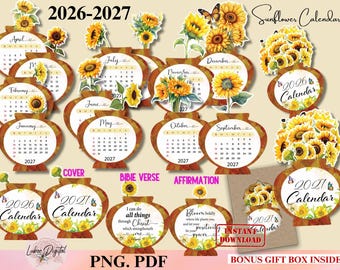 May include: A 2026-2027 sunflower calendar set featuring monthly pages with yellow sunflower illustrations, butterflies, and text. Includes a cover, Bible verse, and affirmation cards in a digital format with a bonus gift box design.