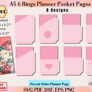 May include: Pink A5 6-ring planner pocket pages with 8 designs. The pages come in two sizes: Standard 14.8 x 21 cm and Narrow 14 x 21 cm. The designs include various shapes and patterns, including a floral print and a heart.
