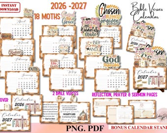 2026-2027 Bible Verses Calendar Printable, Christian Desk Calendar Vintage Scripture Calendar, Faith Inspirational Quotes, Religious Gift