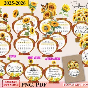 2025-2026 Sunflower Desk Calendar,Printable Flowers Desk Calendar Affirmation PNG for Cricut,Watercolor Floral Calendar Botanical Printables